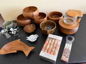 lot 210 image: Wooden Bowls & Serving Pieces - Assorted Sizes, Martha Stewart Confetti Wands & Wine Markers
