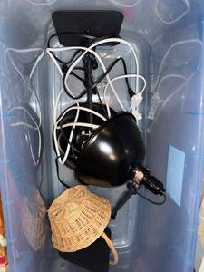 lot 371 image: Two Desk Lamps with Black Shade, Cords, and Straw Basket