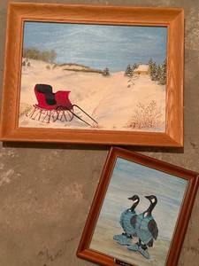 lot 379 image: Paintings (Lot of 2) - Winter Snow Scene with Red Sleigh & Lovers Geese, Framed