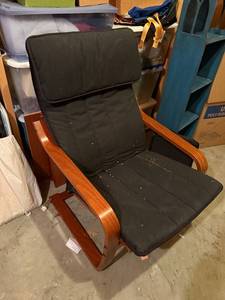 lot 380 image: Mid-Century Modern Black Upholstered Lounge Chair with Wood Armrests