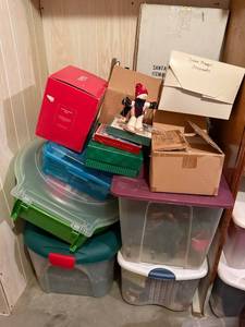 lot 382 image: Large Assortment of Christmas Decorations including Wreaths, Ornaments, Dillards Singing Frog Duet Plush & Santa Plate Rack - Martha Stewart Living 100-LED Net Lights