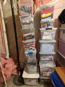 lot 387 image: Assorted Quilting & Sewing Fabric Scraps in Clear Storage Bins