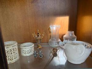 lot 349 image: Porcelain Lattice Candle Holders, Set of Measuring cups, Letter Openers, Mini Sword Decorative Items