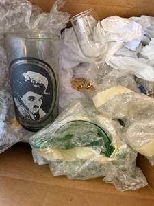 lot 400 image: Vintage Glassware & Jewelry Mix Frosted Portrait Tumbler, Stemmed Wine Glass, Blue Pendant