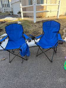 lot 411 image: Blue Folding Camping Chairs - Cup Holder Armrests, Pair