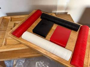 lot 426 image: Poker Set with Wooden Tray - Red & White Chips, Card Boxes