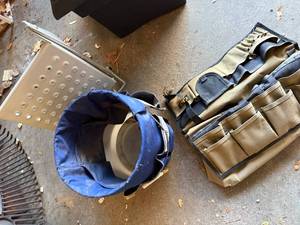 lot 455 image: Tan Tool Roll Organizer with Pockets - Blue Bucket & Perforated Panel