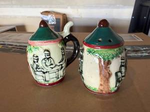 lot 460 image: Decorative Ceramic Lidded Jugs with Scenic Relief (Lot of 2)