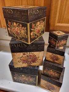 lot 204 image: Set of 6 Decorative Paris-Themed Nesting Boxes with Holiday Tree Skirts and Gold Ornaments