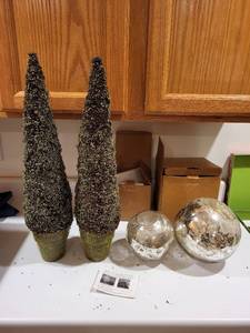 lot 209 image: Holiday Decor Set with 2 Faux Topiary Trees and 2 Mercury Glass Globes