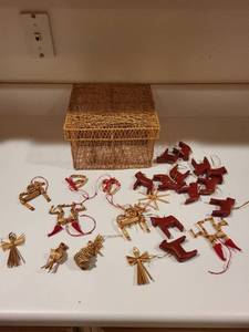 lot 223 image: Collection of Scandinavian Straw and Wood Christmas Ornaments with Gold Box