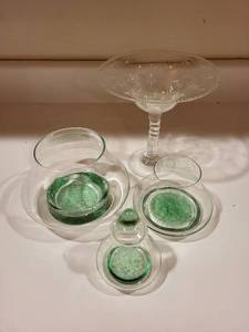 lot 224 image: Set of 4 Art Glass Vessels and Decorative Etched Glass Compote