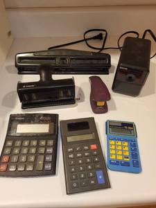 lot 232 image: Mixed Lot of Office Supplies Including Calculators, Hole Punches, Stapler and More in Storage Drawer