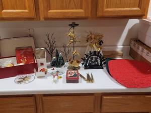 lot 241 image: Christmas Decor Collection with Angel Tree Topper, Ornaments, and Holiday Placemats