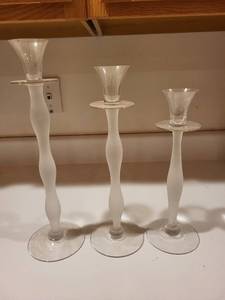 lot 251 image: Set of 3 Frosted Glass Taper Candle Holders with Swirl Stems