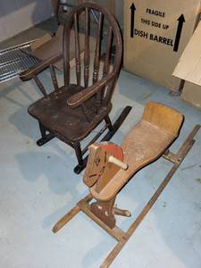 lot 253 image: Vintage Wooden Rocking Horse and Childs Rocking Chair Set