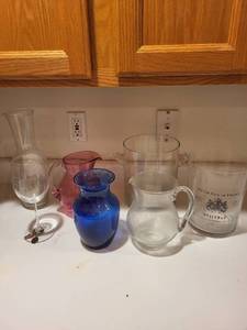 lot 258 image: Collection of Glass Pitchers, Wine Glass, Carafe, and Wine Buckets