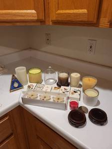 lot 264 image: Collection of Decorative Candles, Matches, and Kither & Co. Blue Table Clock