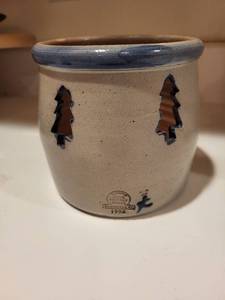 lot 279 image: 1998 Rowe Pottery Works Stoneware Candle Holder with Pine Tree Cutouts