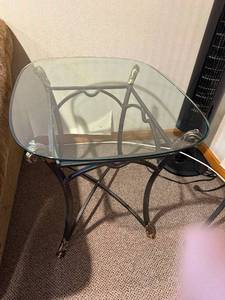 lot 303 image: Glass-Top Coffee Table with Wrought Iron Curved Base