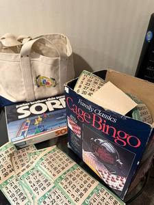 lot 306 image: Parker Brothers Cage Bingo - Family Classics & Sorry Board Games (Lot of 2) in Tote Bag