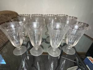 lot 308 image: Clear Glass Goblets with Etched Floral Pattern - Set of 12