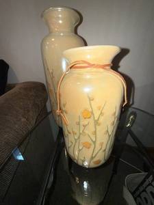 lot 310 image: Cream Ceramic Vases with Orange Floral Motif (Lot of 2)