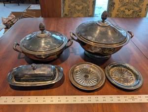 lot 2 image: Christofle Silver Plate Tureen Set - 2 Lidded Tureens, Butter Dish, Sunburst Dishes