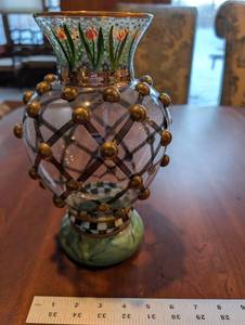 lot 3 image: Mackenzie-Childs Glass Vase Hand-Painted Floral Copper Lattice 10.75 in Tall