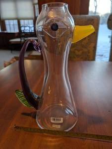 lot 8 image: Kosta Boda Glass Pitcher Carafe - Purple Handle & Yellow Spout