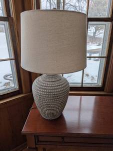 lot 110 image: Dotted Ceramic Table Lamp - Linen Shade, Neutral Gray-Beige Finish