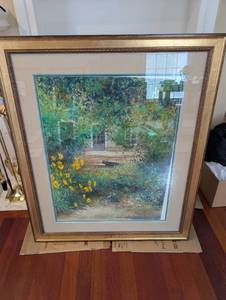lot 135 image: Joseph Bayol Framed Garden Print - Yellow Daisies in Bloom, Gold Frame