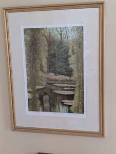 lot 139 image: Framed Landscape Print - Water Garden with Lily Pads & Willow Trees