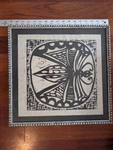 lot 149 image: Butterfly Linocut Print in Ornate Beaded Frame