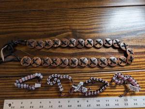 lot 155 image: Tibetan Wood Disc Necklaces (2) & Pink Bead Bracelets (3)