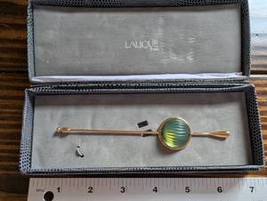 lot 158 image: Lalique Paris Glass Disc Pendant on Gold Tone Rod - TealGreen Gradient