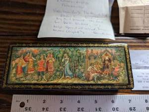 lot 166 image: Palekh Lacquer Box - Russian Fairy Tale Scene, Long Rectangular, 1993