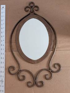lot 176 image: Wrought Iron Oval Wall Mirror - Ornate Scrollwork, Rustic Bronze Finish
