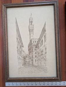 lot 177 image: Framed Pencil Sketch of European Cityscape with Cathedral