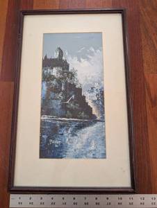 lot 178 image: Framed Lake Landscape Painting - Blues, Trees & Sky