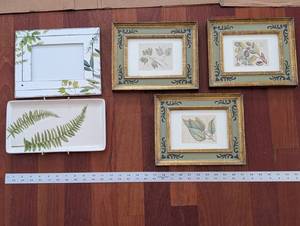 lot 181 image: Framed Botanical Prints in Ornate Green & Gold Frames (Set of 4) & Ceramic Fern Tray
