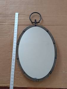 lot 183 image: Oval Wall Mirror with Iron Frame and Hanging Ring - Vintage Rustic Decor
