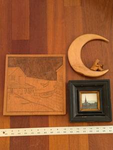 lot 186 image: Hand-Carved Wood Wall Art Set - Crescent Moon Figure Reading, Harbor Scene Panel, Framed City Photo