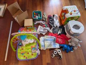 lot 187 image: Baby Toys & Clothes Bundle Play Mat, Activity Gym, Plush Toys, Clothing