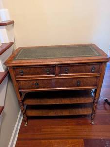 Antique Burl Walnut Console Chest w Leather Top - 4 Drawers on Casters