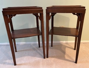lot 13 image: Pair of Dark Wood End Tables with Carved Brackets and Lower Shelf