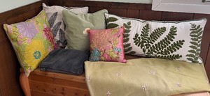 lot 18 image: Decorative Throw Pillows & Embroidered Throw Blanket - Floral & Fern Leaf Cushions Set