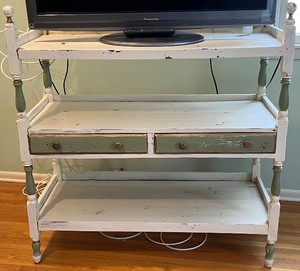 lot 38 image: Vintage White Painted Wood Etagere with 2 Distressed Green Drawers