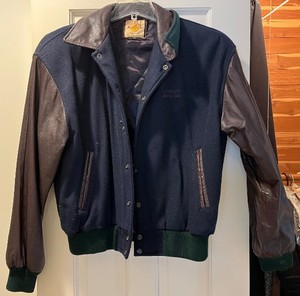 lot 46 image: Hard Rock Cafe London Varsity Jacket - Navy Wool Body, Brown Leather Sleeves, Size S - Adult