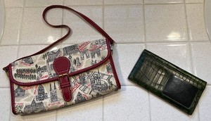 lot 48 image: LANCEL City-Print Canvas Crossbody Bag & Croc-Embossed Wallet, Red Leather Trim